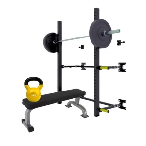 LOTE: Rack plegable + Banco plano + Kettlebell 8 Kg