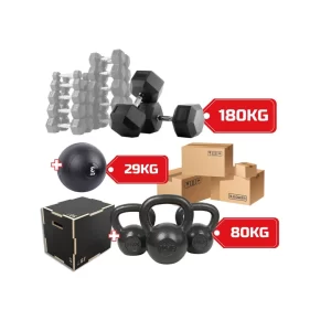 LOTE: Dumbells 180kg + Slamballs 29kg + Rusas 80kg + Cajón