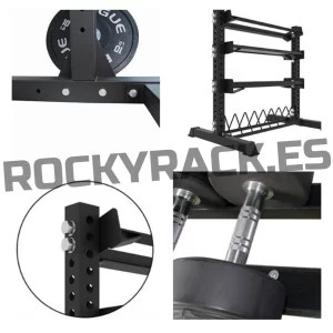Soporte para mancuernas y discos y kettlebell con extras - Mueble de 4 bandejas + Barras