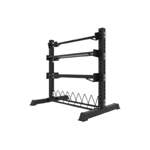 Soporte para mancuernas y discos y kettlebell con extras - Mueble de 4 bandejas + Barras
