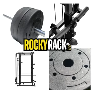 LOTE: Rack con Polea + Accesorios + Discos Olímpicos