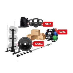 LOTE: Soporte + 100kg Bumper y Barra + 50kg Sacos + 80kg KTB + Cuerda