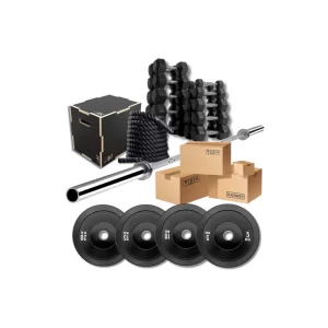 LOTE: Cajón + Cuerda + Barra + Bumper 100kg + Dumbell 180kg