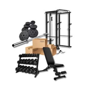 LOTE: Rack Polea + Banco + Barra y Discos 60kg + 100kg Mancuernas y soporte