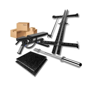 LOTE: Suelo caucho + Rack Plegable + Banco + Barra 20kg