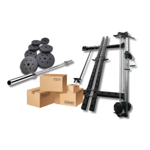 LOTE: Polea + Rack Plegable + Barra y Discos 100kg