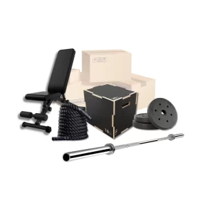 KIT Banco plegable + Barra y Discos 60kg + Cuerda y Cajón